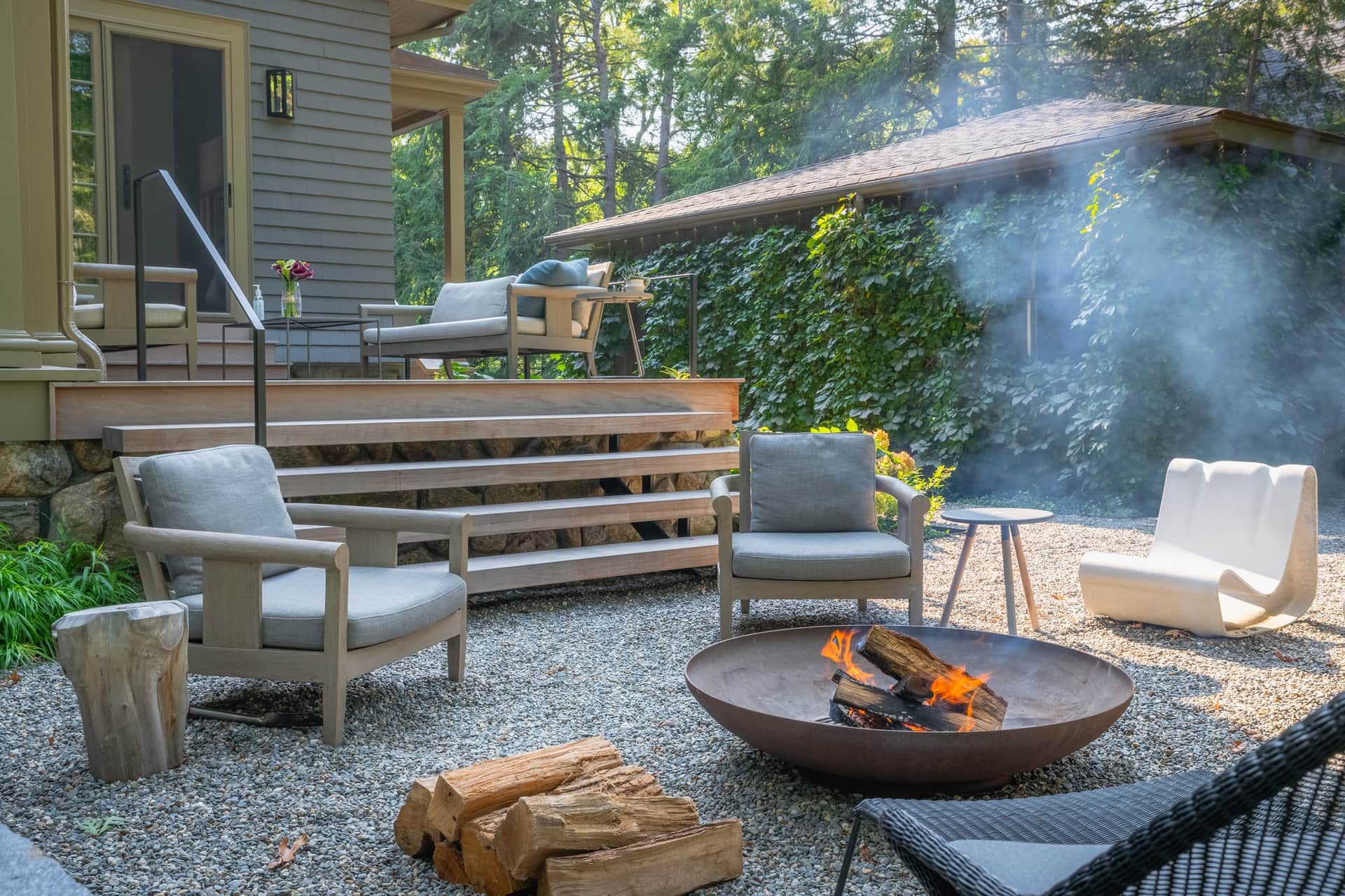 Circuit Road — pea-stone fire pit terrace in Chestnut Hill, MA